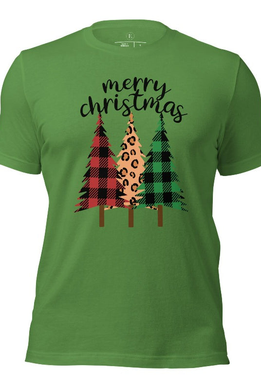 Get ready to unleash your wild side this Christmas with our unique shirt. This design is a bold and playful take on the holiday season, featuring three Christmas trees adorned with fierce cheetah print on a leaf green colored shirt. 