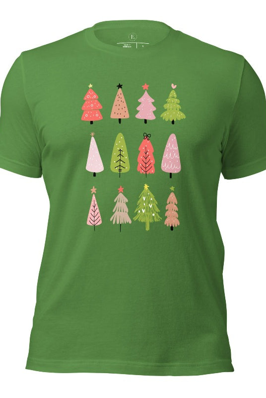 Upgrade your holiday fashion with our contemporary Christmas shirt. The shirt features three rows of multiple different modern Christmas trees in each row, creating a trendy and charming design on a leaf colored shirt. 