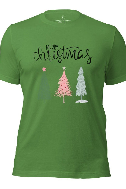 Elevate your festive wardrobe with our trendy shirt and make a chic statement this Christmas. The design features a stylish "Merry Christmas" message along with modern pink and teal Christmas trees on a leaf green shirt. 