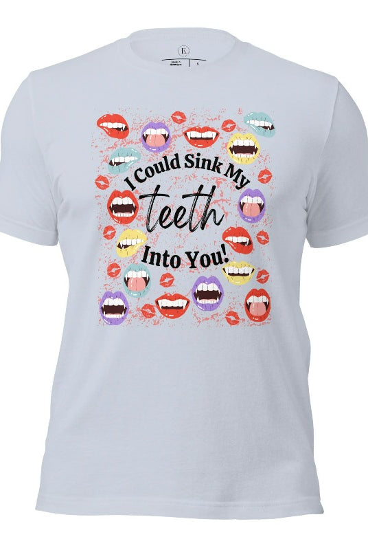 Sink your teeth into Halloween style with our vampire lips shirt. Adorned with a collection of seductive vampire lips, this shirt mesmerizes with its allure. The cheeky message, 'I could sink my teeth into you,' adds a playful twist on a light blue shirt. 