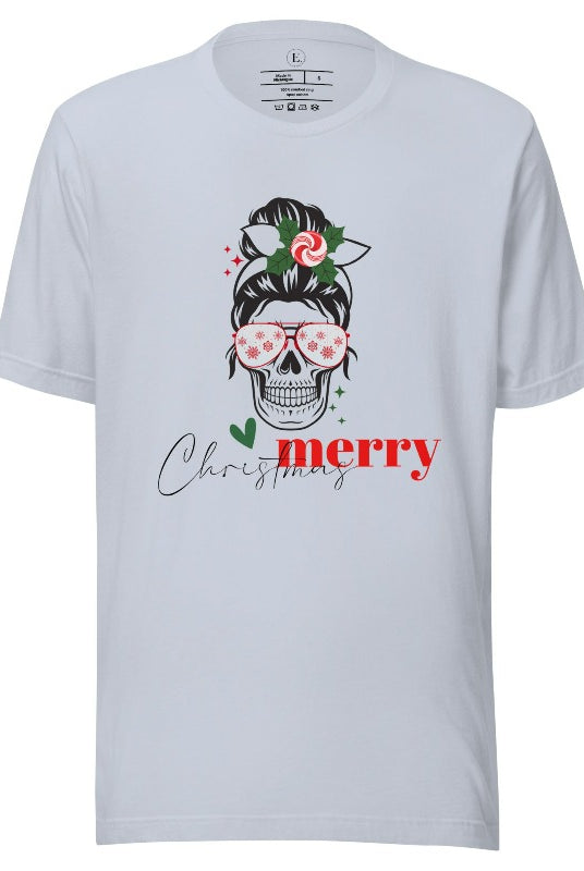 Get into the festive spirit with our Merry Christmas messy bun skull shirt design on a light blue colored shirt.