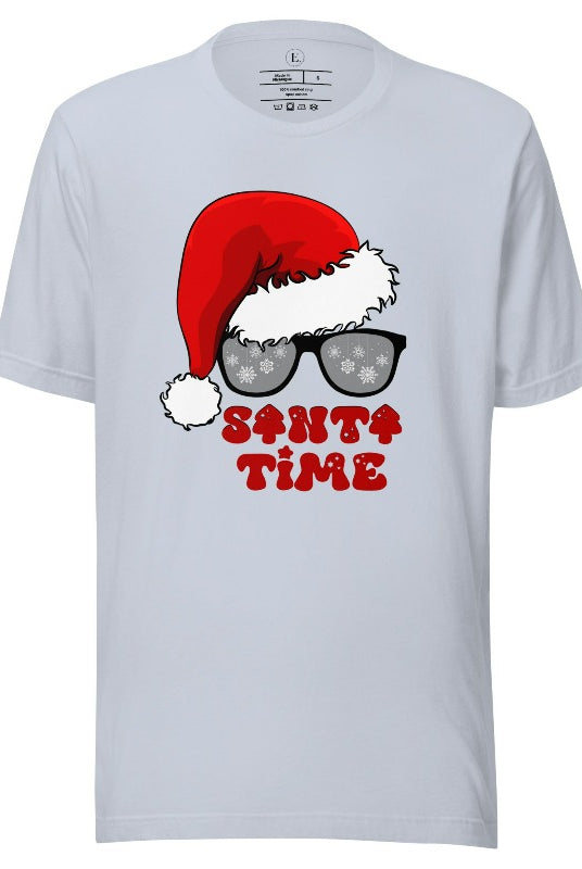 Gear up for the holiday season with our men's Christmas Shirt featuring a Santa hat, Christmas sunglasses on a light blue colored shirt. 