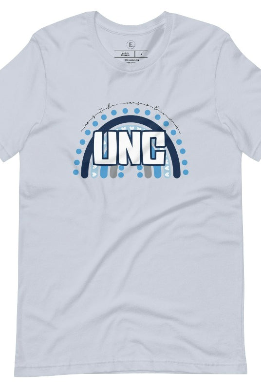 Check out this eye-catching t-shirt designed, featuring the iconic UNC letters set against a vibrant rainbow backdrop. Not only does it let you show off your school spirit, it also sends a trendy and powerful school spirit vibe on a light blue shirt. 