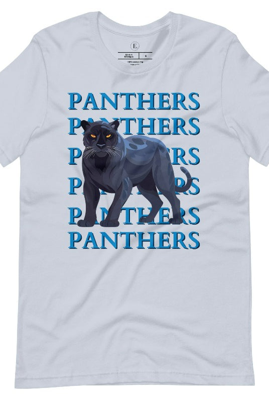 Show your Panthers pride with our Bella Canvas 3001 unisex graphic t-shirt featuring the dynamic 'Panthers Panthers Panthers Panthers' design, complete with a fierce black panther illustration on a light blue shirt. 
