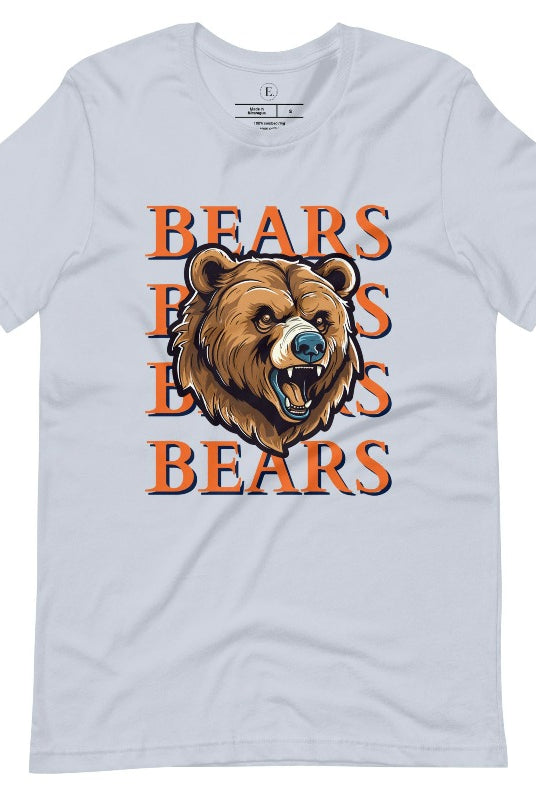 Roar into the game day spirit with our Bella Canvas 3001 unisex graphic tee! Unleash your love for the Chicago Bears with our exclusive design featuring a fierce bear illustration and the spirited mantra "Bears Bears Bears Bears" on a light blue shirt. 