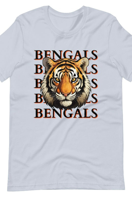 Our exclusive design features a fierce Siberian tiger face and the spirited mantra "Bengals Bengals Bengals Bengals." Unleash your inner roar with our comfortable Bella Canvas 3001 unisex graphic tee and show your stripes as a Cincinnati Bengals fan on a light blue shirt. 