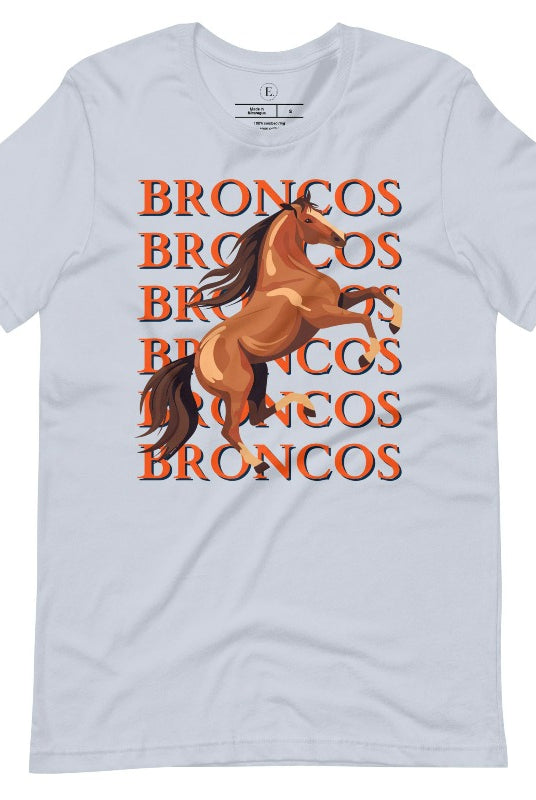 Saddle up for game day fun with our Bella Canvas 3001 unisex graphic tee! Gallop into Broncos spirit with our exclusive design featuring a lively Bronco horse and the spirited mantra "Broncos Broncos Broncos Broncos" on a light blue shirt. 
