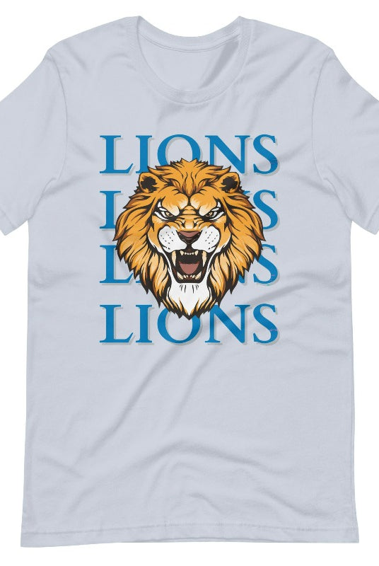 Roar in style with our Bella Canvas 3001 unisex graphic t-shirt featuring the "Lions Lions Lions Lions" design! Show your support for the Detroit Lions NFL football team with this bold light blue tee.