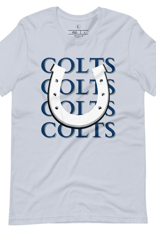 Horseshoe luck meets game day charm! Elevate your Colts pride with our Bella Canvas 3001 unisex tee featuring the spirited mantra "Colts Colts Colts Colts Colts" and a horseshoe illustration on a light blue shirt. 