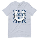 Horseshoe luck meets game day charm! Elevate your Colts pride with our Bella Canvas 3001 unisex tee featuring the spirited mantra "Colts Colts Colts Colts Colts" and a horseshoe illustration on a light blue shirt. 