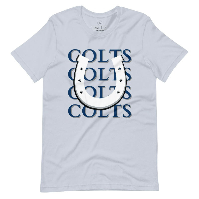 Horseshoe luck meets game day charm! Elevate your Colts pride with our Bella Canvas 3001 unisex tee featuring the spirited mantra "Colts Colts Colts Colts Colts" and a horseshoe illustration on a light blue shirt. 