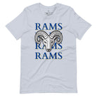 Unleash the Rams spirit with our Bella Canvas 3001 unisex tee! Elevate your game day style with the mantra 'Rams Rams Rams Rams' and a bold Rams head illustration on a light blue shirt. 