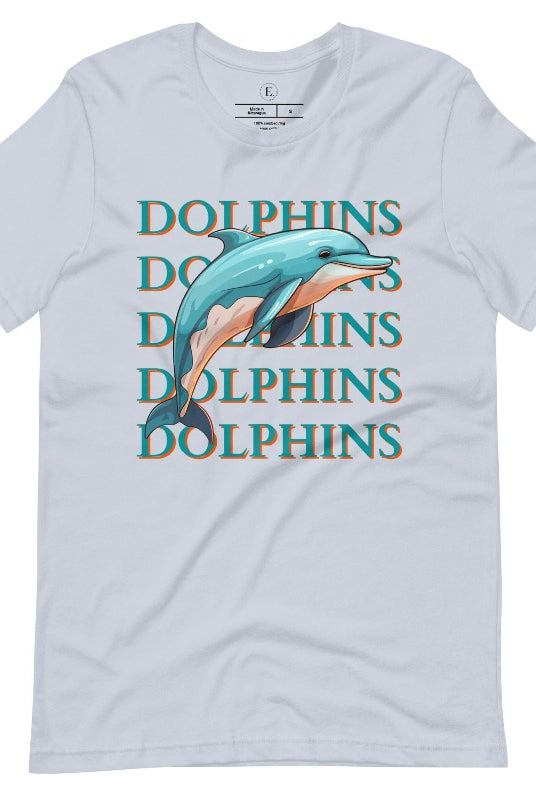 Introducing the Bella Canvas 3001 unisex graphic t-shirt that will make a splash! Dive into style with our Dolphins Dolphins Dolphins Dolphins tee, featuring a playful illustration of a dolphin for the Miami Dolphins football team on a light blue shirt. 