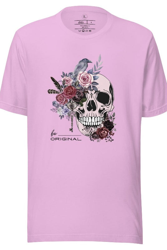 Looking for a unique Halloween shirt? Look no further! Our hauntingly beautiful shirt features a floral skull, raven, and the empowering slogan 'Be Original'. Stand out from the crowd with this unforgettable statement piece on a lilac colored shirt. 