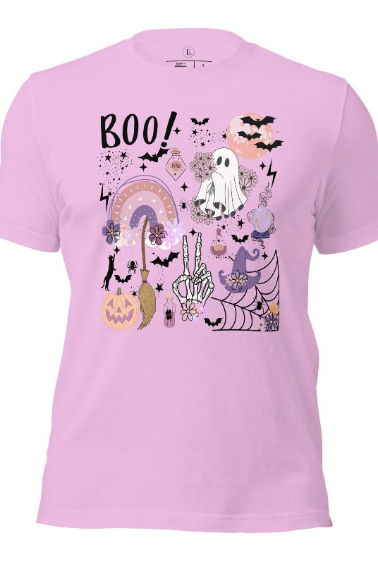 Experience the essence of Halloween with our bewitching shirt. Immerse yourself in a tapestry of Halloween symbols, from pumpkins to bats and witches, and all centered around the timeless exclamation, 'Boo!' This captivating design embodies the spirit of the season, on a lilac colored shirt. 