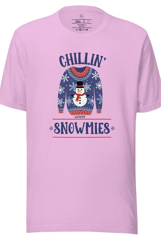 Get into the holiday spirit with our adorable Christmas sweater featuring a snowman and the playful phrase "Chillin' with my Snowmies" on lilac colored shirt.