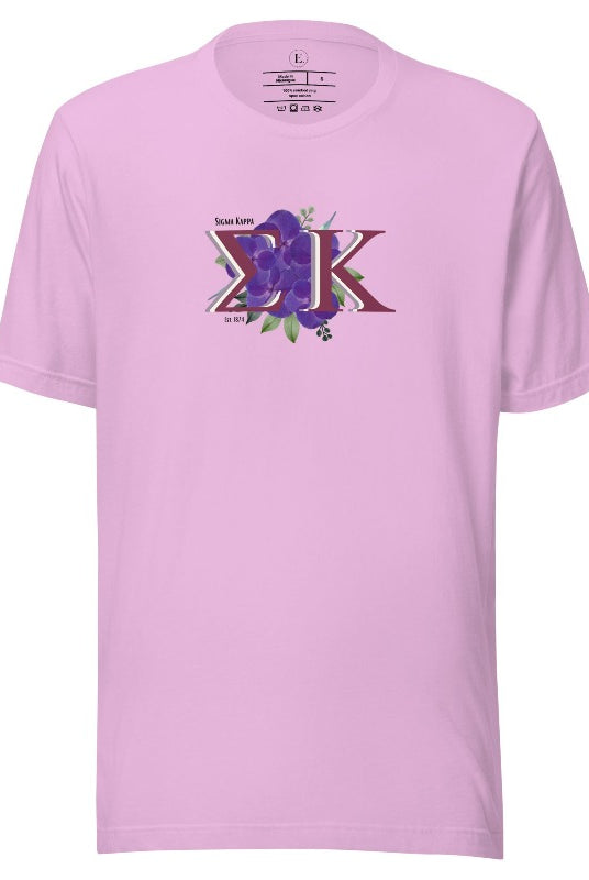 Looking for a way to showcase your Sigma Kappa pride? Look no further than our stylish t-shirt, featuring the sorority's iconic letters and the enchanting wild purple violets on a lilac shirt. 