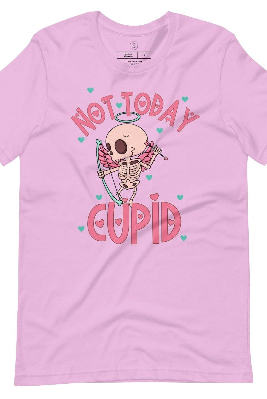 Unleash your rebellious spirit this Valentine's Day with our edgy shirt featuring a skeleton Cupid. The bold "Not Today Cupid" message adds a touch of attitude, making this tee a standout choice for those who march to the beat of their own drum on a lilac shirt. 
