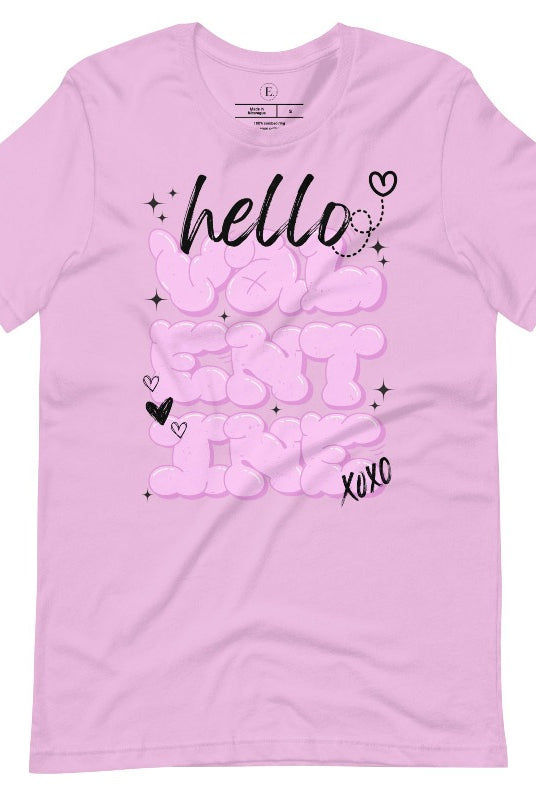 Make a bold statement this Valentine's Day with our street-style graffiti tee! Featuring "Hello Valentine" In eye-catching bubble lettering, on a lilac shirt. 