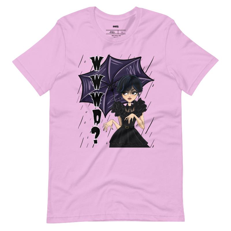 Lilac t-shirt featuring a stylish goth girl dressed in black with a purple umbrella, along with the text "WWWD?" (What Would Wednesday Do?) in bold lettering.