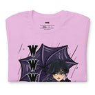 Lilac t-shirt featuring a stylish goth girl dressed in black with a purple umbrella, along with the text "WWWD?" (What Would Wednesday Do?) in bold lettering.