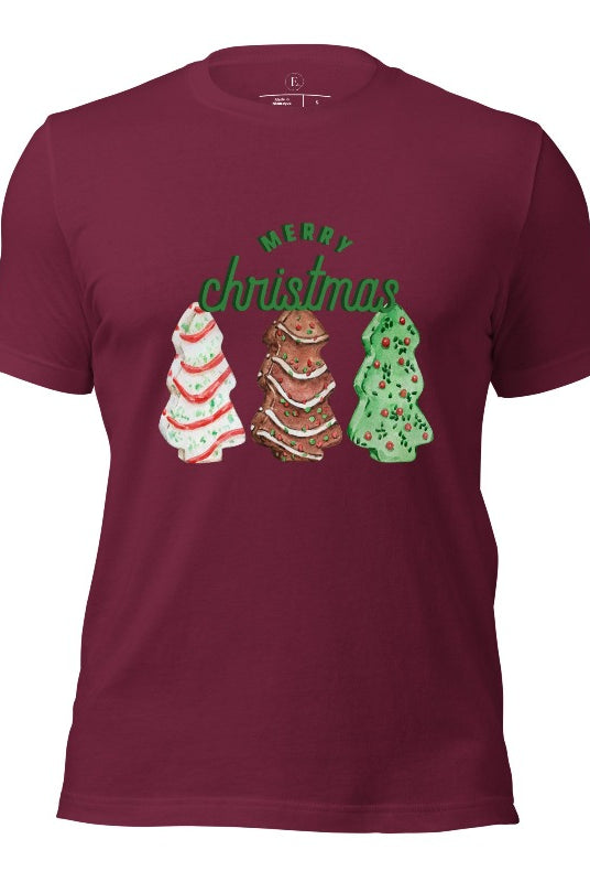 Relive the nostalgia of your childhood with our Christmas shirt that features the beloved classic Christmas tree cookies on a maroon shirt.