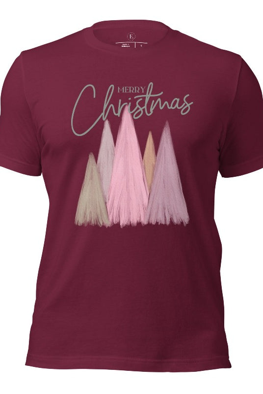 Merry Christmas modern minimalist pastel Christmas trees on printed on a maroon shirt.