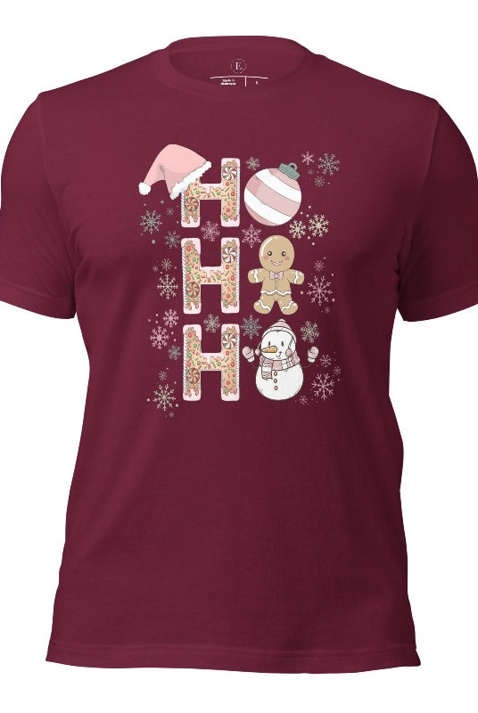 Add a whimsical touch to your holiday wardrobe with our gingerbread "Ho Ho Ho" Christmas shirt on a maroon colored shirt.