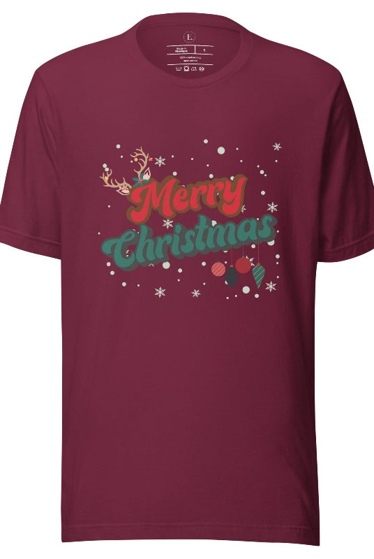 Get ready to take a trip down memory lane with our Merry Christmas retro letters shirt on a maroon colored shirt. 