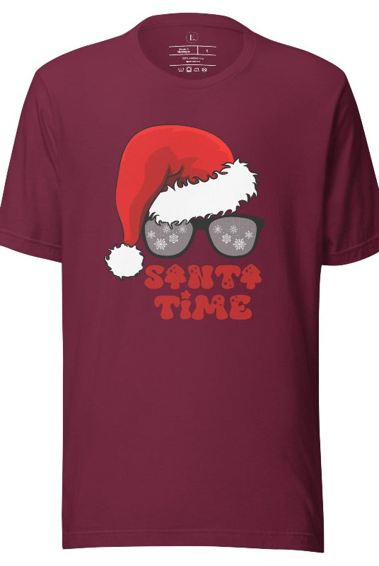 Gear up for the holiday season with our men's Christmas Shirt featuring a Santa hat, Christmas sunglasses on a maroon colored shirt. 