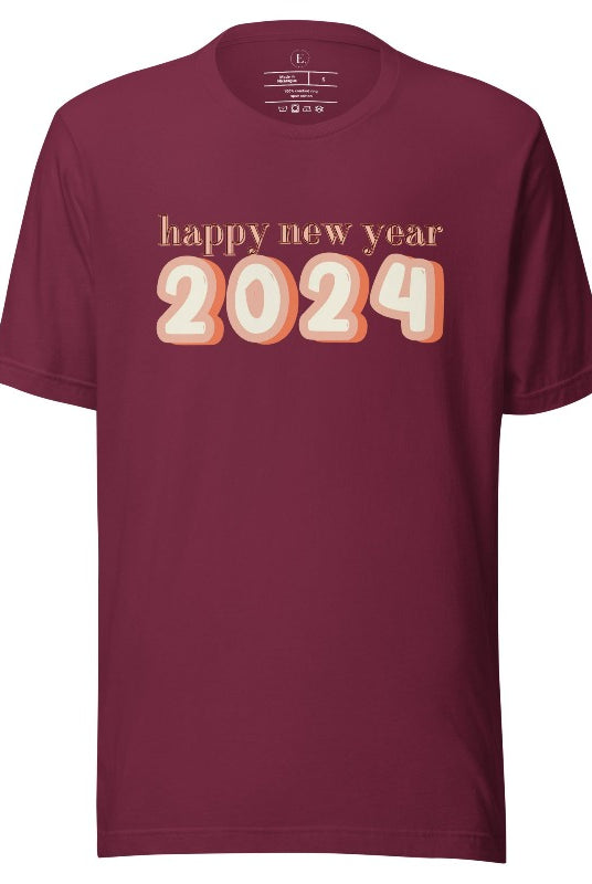 Welcome 2024 in style with our exclusive Happy New Year shirt design! Featuring vibrant graphics and festive typography, this high- quality on a maroon shirt. 
