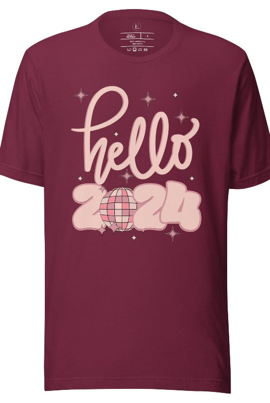 Say hello to 2024 in style with our exclusive 'Hello 2024' shirt. This sleek design captures the essence of new beginnings, on a maroon shirt. 