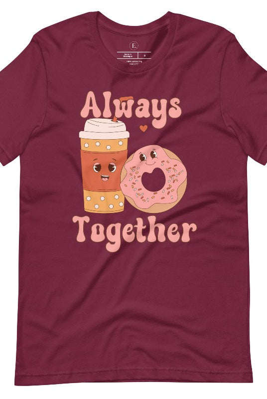 Celebrate love with our adorable Valentine's Day graphic tee! Featuring a smiling coffee cup and a cheerful donut holding hands, on a maroon shirt. 