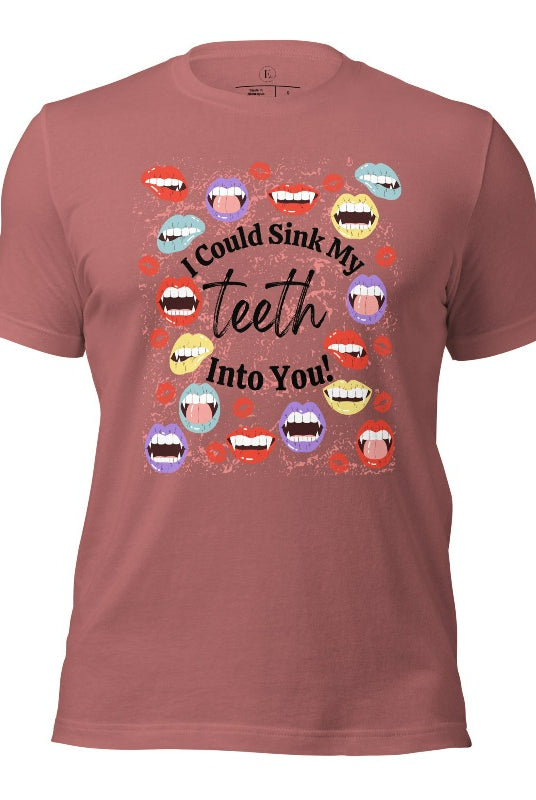 Sink your teeth into Halloween style with our vampire lips shirt. Adorned with a collection of seductive vampire lips, this shirt mesmerizes with its allure. The cheeky message, 'I could sink my teeth into you,' adds a playful twist on a mauve shirt. 
