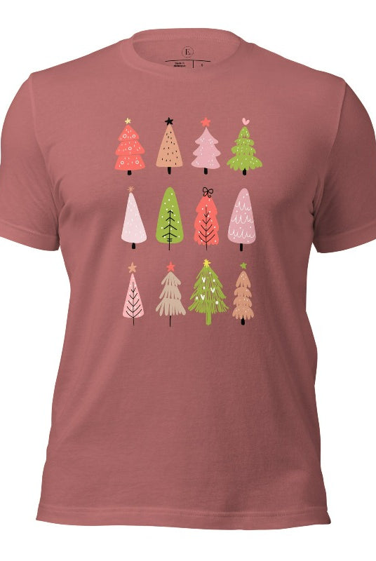 Upgrade your holiday fashion with our contemporary Christmas shirt. The shirt features three rows of multiple different modern Christmas trees in each row, creating a trendy and charming design on a mauve colored shirt. 