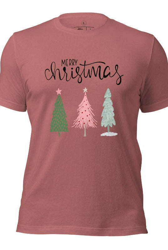 Elevate your festive wardrobe with our trendy shirt and make a chic statement this Christmas. The design features a stylish "Merry Christmas" message along with modern pink and teal Christmas trees on a mauve shirt. 