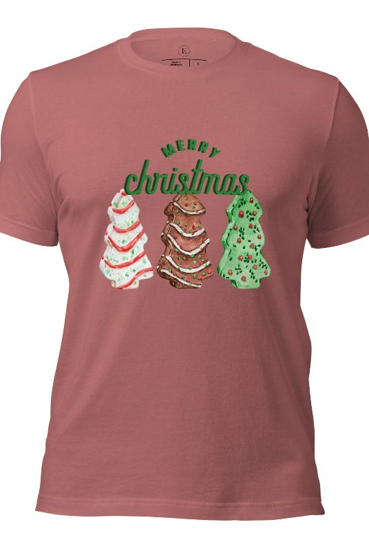 Relive the nostalgia of your childhood with our Christmas shirt that features the beloved classic Christmas tree cookies on a mauve shirt.