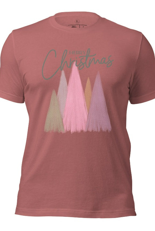 Merry Christmas modern minimalist pastel Christmas trees on printed on a mauve shirt.