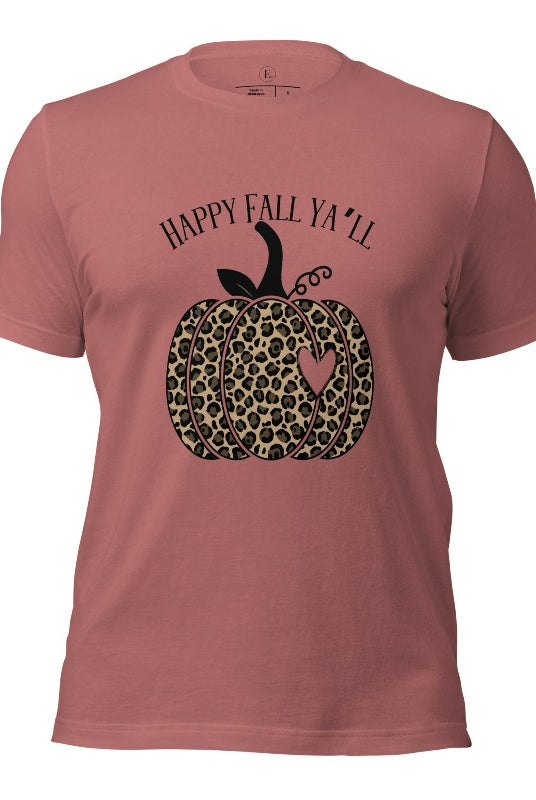 Get ready for fall with our adorable cheetah pumpkin shirt. Featuring a charming design of a cheetah pumpkin with a heart, it's the perfect blend of style and seasonal spirit. Spread the autumn cheer with the saying 'Happy Fall Ya'll' and embrace the coziness of the season on a mauve colored shirt. 