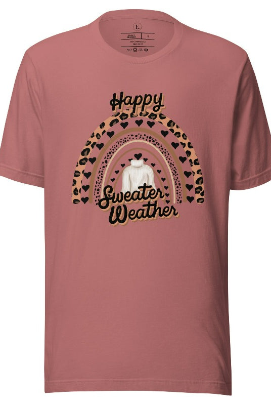 Get ready for fall in style and comfort with our vibrant "Sweater Weather" shirt, featuring a cheetah, a rainbow, and a sweater on a mauve colored shirt. 