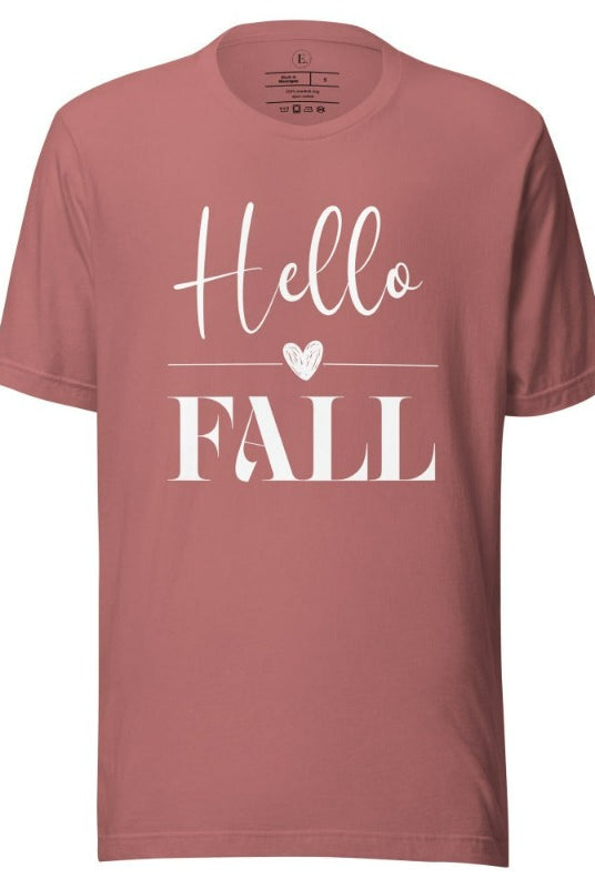 Hello Fall with heart between Hello and Fall graphic tee on a mauve colored shirt.