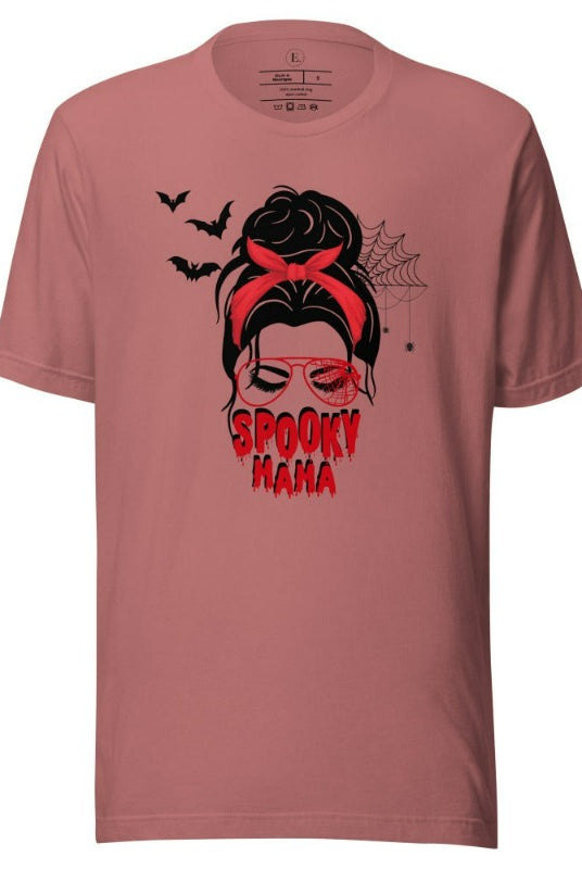 "Spooky Mama" messy bun Halloween T-shirt on mauve colored t-shirt.