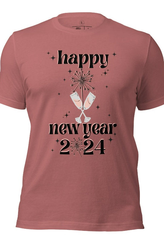 Welcome 2024 in sparkling style with our 'Happy New Year 2024' shirt. Adorned with two clinking champagne glasses amidst fireworks on a mauve shirt. 