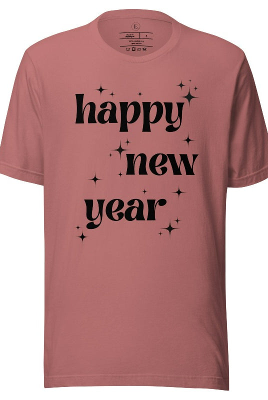 Ring in the New Year with our stunning Happy New Year shirt featuring captivating modern star designs on a mauve shirt. 
