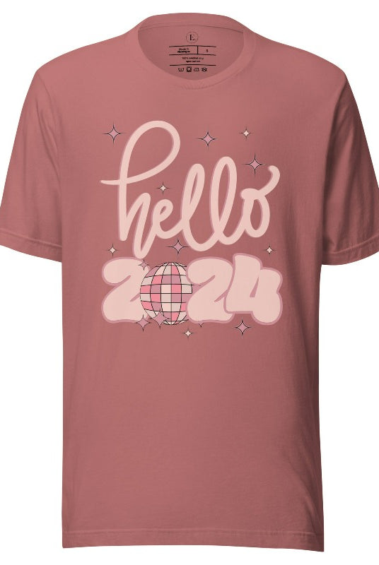 Say hello to 2024 in style with our exclusive 'Hello 2024' shirt. This sleek design captures the essence of new beginnings, on a mauve shirt. 