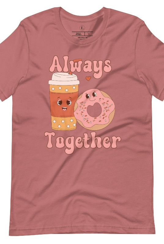 Celebrate love with our adorable Valentine's Day graphic tee! Featuring a smiling coffee cup and a cheerful donut holding hands, on a mauve shirt. 