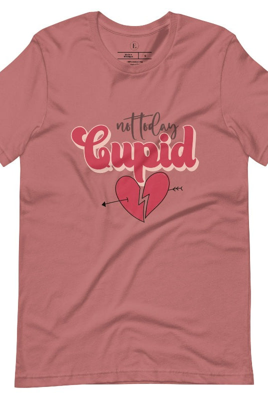 Spice up your Valentine's Day with our edgy shirt featuring a broken heart pierced by an arrow, and the defiant phrase "Not Today Cupid" on a mauve shirt. 
