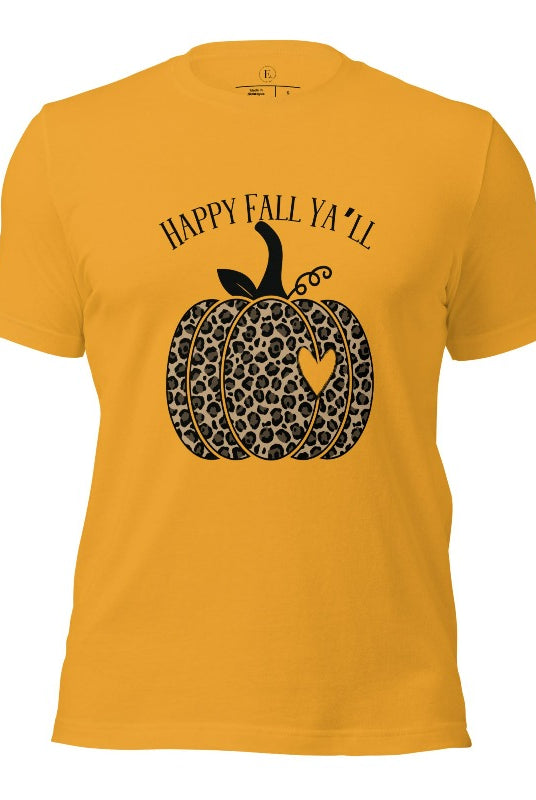 Get ready for fall with our adorable cheetah pumpkin shirt. Featuring a charming design of a cheetah pumpkin with a heart, it's the perfect blend of style and seasonal spirit. Spread the autumn cheer with the saying 'Happy Fall Ya'll' and embrace the coziness of the season on a mustard colored shirt. 