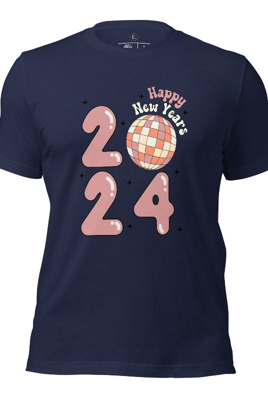 Step into the new year in dazzling style with our 'Happy New Year 2024' shirt. Featuring a shimmering disco ball as the '0' this eye catching design exudes festivity and fun on a navy shirt.