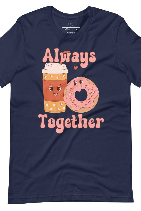 Celebrate love with our adorable Valentine's Day graphic tee! Featuring a smiling coffee cup and a cheerful donut holding hands, on a navy shirt. 
